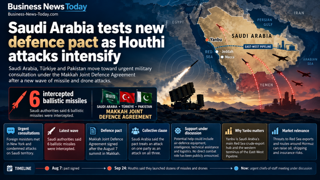 Infographic showing Saudi Arabia, Türkiye and Pakistan moving toward urgent military consultations under the Makkah Joint Defence Agreement as missile and drone attacks from Yemen intensify, highlighting six intercepted ballistic missiles, Yanbu and the East-West Pipeline.