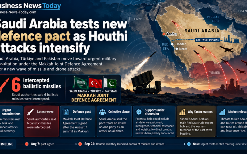 Infographic showing Saudi Arabia, Türkiye and Pakistan moving toward urgent military consultations under the Makkah Joint Defence Agreement as missile and drone attacks from Yemen intensify, highlighting six intercepted ballistic missiles, Yanbu and the East-West Pipeline.