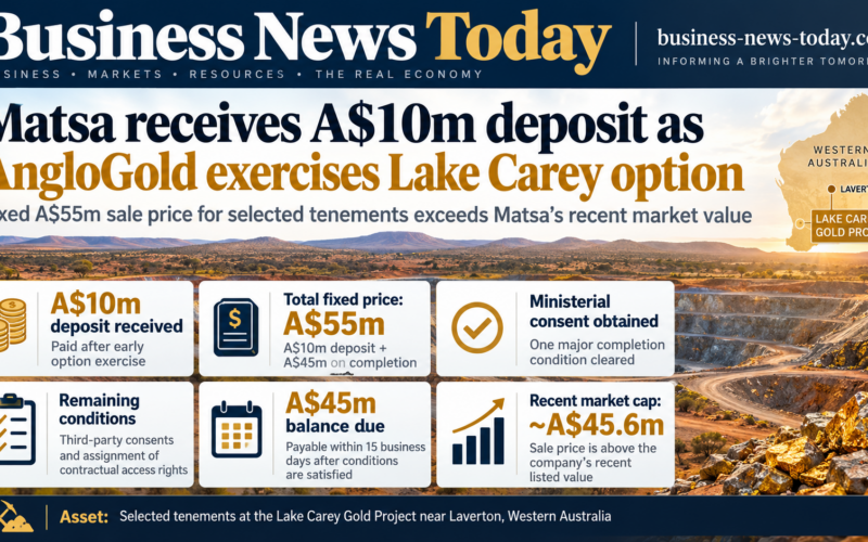 Editorial infographic showing Matsa Resources Limited’s Lake Carey transaction milestone, highlighting a A$10 million deposit received from AngloGold Ashanti Australia, a fixed A$55 million total sale price, a A$45 million balance due on completion, ministerial consent obtained, and Matsa’s recent market capitalisation of about A$45.6 million.