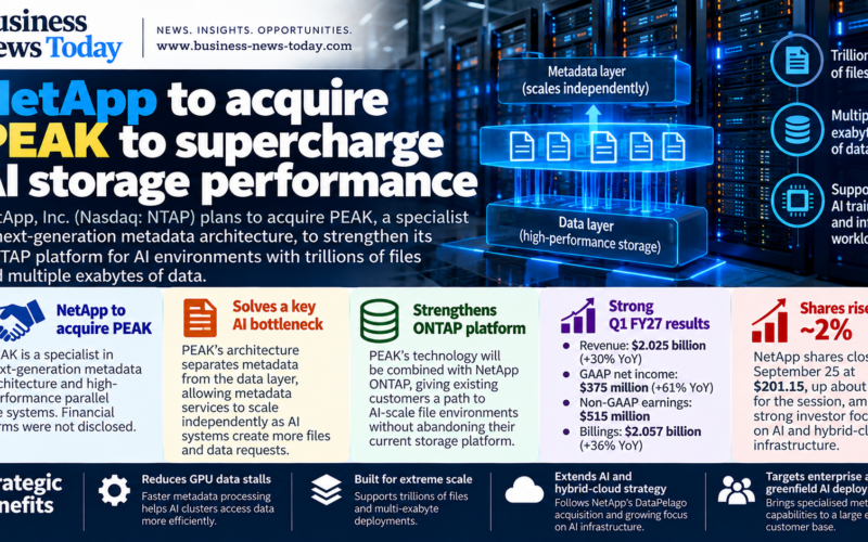 NetApp and PEAK acquisition infographic showing AI metadata scaling, support for trillions of files and multi-exabyte data environments, strong Q1 FY27 growth and an approximately 2% share-price rise.