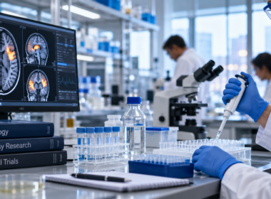 Scientists conduct neurological drug research in a modern laboratory as Biohaven Ltd. advances clinical development of its epilepsy treatment candidate, with regulatory review and late-stage trial progress remaining closely watched by investors. Representative image.