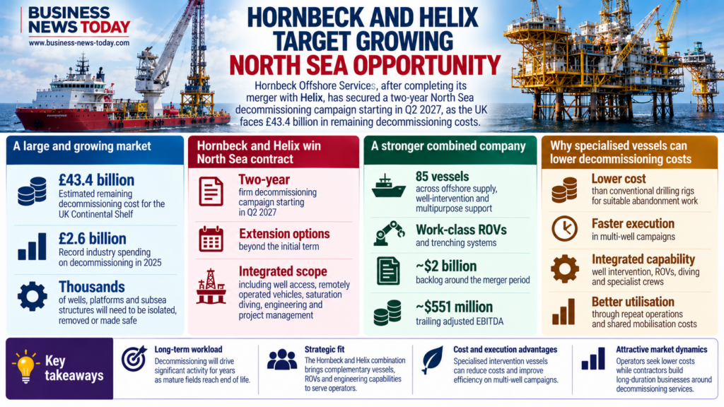 Editorial infographic on Hornbeck Offshore Services and Helix Energy Solutions’ North Sea decommissioning strategy, highlighting a two-year campaign starting in Q2 2027, the UK’s estimated £43.4 billion remaining decommissioning cost, an 85-vessel combined fleet and around $2 billion of backlog.