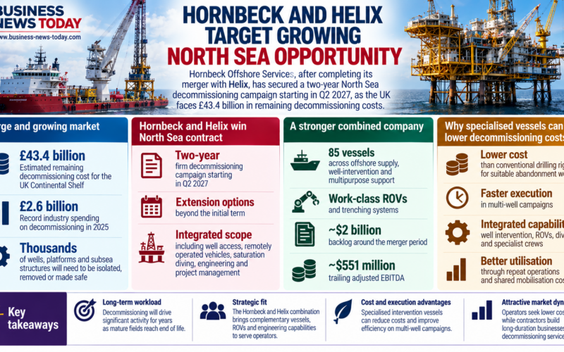 Editorial infographic on Hornbeck Offshore Services and Helix Energy Solutions’ North Sea decommissioning strategy, highlighting a two-year campaign starting in Q2 2027, the UK’s estimated £43.4 billion remaining decommissioning cost, an 85-vessel combined fleet and around $2 billion of backlog.