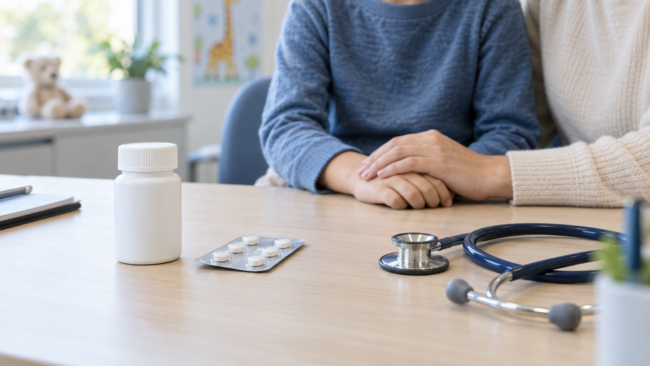 A generic pediatric-care scene illustrates the expanded treatment population for Pharming’s Joenja. Representative image.