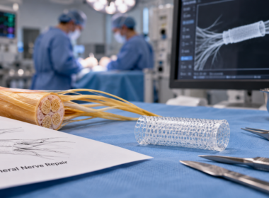 A peripheral nerve repair device and surgical instruments illustrate advances in regenerative medicine as Axogen, Inc. expands its nerve repair portfolio through the planned acquisition of BioCircuit Technologies, Inc. and its FDA-approved NerveTape technology. Representative image.