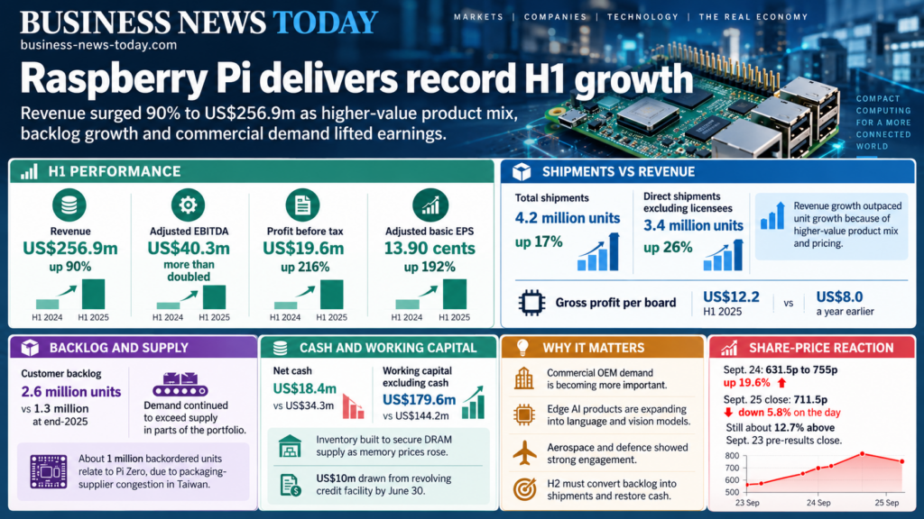 Editorial infographic on Raspberry Pi Holdings plc’s record first-half performance, highlighting US$256.9 million revenue, US$40.3 million adjusted EBITDA, 4.2 million units shipped, a 2.6 million-unit backlog and the post-results share-price reaction.
