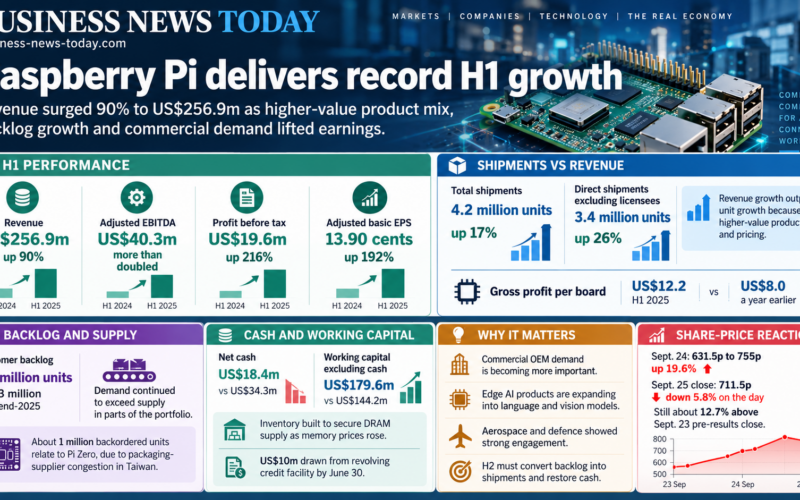 Editorial infographic on Raspberry Pi Holdings plc’s record first-half performance, highlighting US$256.9 million revenue, US$40.3 million adjusted EBITDA, 4.2 million units shipped, a 2.6 million-unit backlog and the post-results share-price reaction.