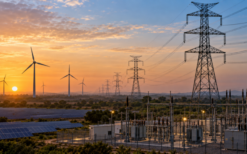 High-voltage transmission lines, substations, solar farms and wind turbines illustrate the grid infrastructure challenge behind India’s energy transition, as the Ministry of Power identifies more than ₹9.15 lakh crore of investment opportunities to expand transmission capacity through 2032. Representative image.