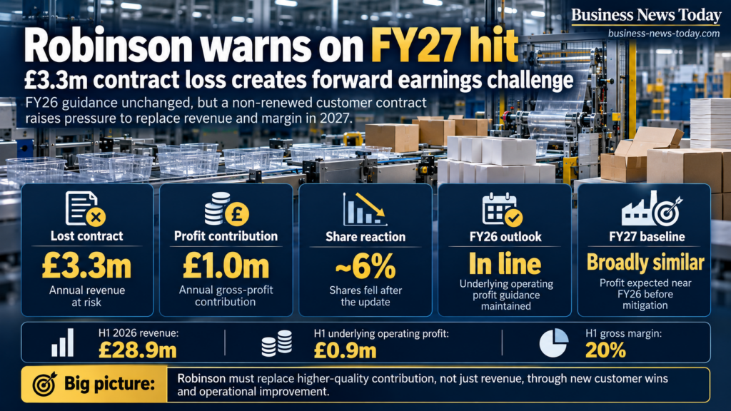Editorial infographic on Robinson plc’s FY27 earnings challenge, highlighting the loss of a £3.3 million annual contract, £1.0 million gross-profit contribution, roughly 6% share-price fall and unchanged FY26 profit guidance.