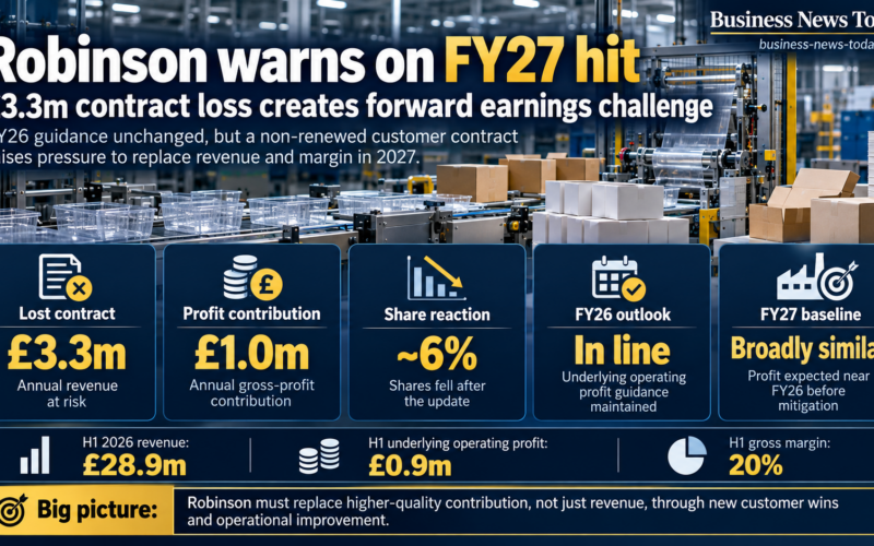Editorial infographic on Robinson plc’s FY27 earnings challenge, highlighting the loss of a £3.3 million annual contract, £1.0 million gross-profit contribution, roughly 6% share-price fall and unchanged FY26 profit guidance.