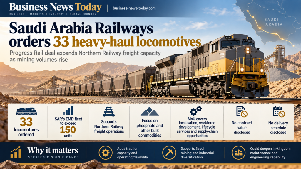 Editorial infographic showing Saudi Arabia Railways’ order for 33 heavy-haul locomotives from Progress Rail, highlighting an EMD fleet set to exceed 150 units, Northern Railway freight expansion, phosphate transport and planned localisation and lifecycle services.