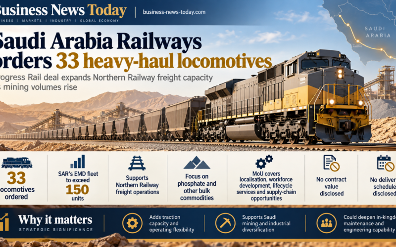 Editorial infographic showing Saudi Arabia Railways’ order for 33 heavy-haul locomotives from Progress Rail, highlighting an EMD fleet set to exceed 150 units, Northern Railway freight expansion, phosphate transport and planned localisation and lifecycle services.