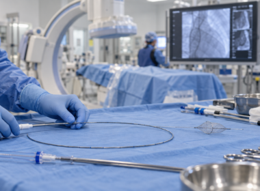 Generic catheter equipment in a cardiac laboratory illustrates embolic protection during TAVR, the focus of Emboline’s Emboliner system. Representative image.