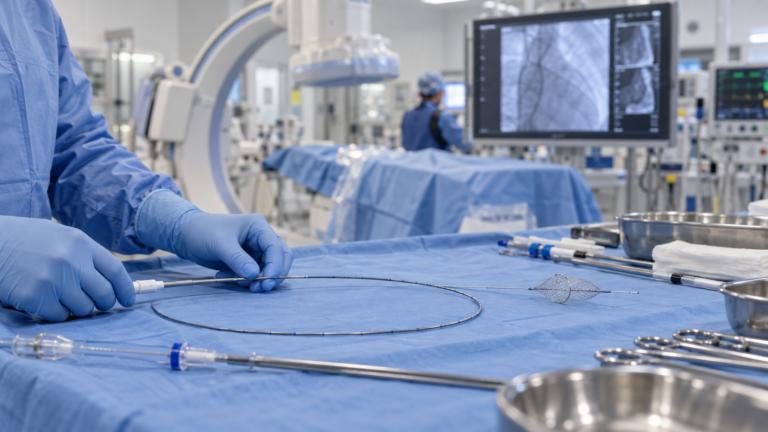 Generic catheter equipment in a cardiac laboratory illustrates embolic protection during TAVR, the focus of Emboline’s Emboliner system. Representative image.