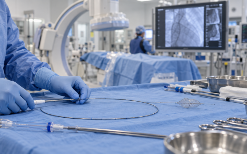 Generic catheter equipment in a cardiac laboratory illustrates embolic protection during TAVR, the focus of Emboline’s Emboliner system. Representative image.