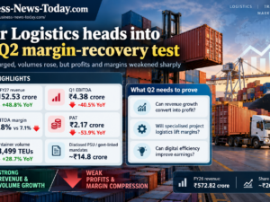 Tiger Logistics Q2 FY27 infographic showing Q1 revenue of ₹152.53 crore, 23,499 TEUs, lower EBITDA and profit, and the company’s margin-recovery challenge.