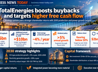 Business News Today infographic on TotalEnergies’ 2030 strategy, highlighting a $2.5 billion fourth-quarter 2026 buyback, a $10 billion additional annual free-cash-flow target, roughly 4% annual energy-production growth, dividend growth above 5% and gearing below 10%.