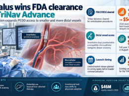 Infographic showing TriSalus Life Sciences receiving FDA 510(k) clearance for TriNav Advance, highlighting expanded access to smaller and more distal blood vessels, a planned limited market release, and key financial figures including Q2 2026 revenue of $11.4 million and 2025 revenue of $45.2 million.