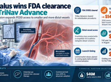 Infographic showing TriSalus Life Sciences receiving FDA 510(k) clearance for TriNav Advance, highlighting expanded access to smaller and more distal blood vessels, a planned limited market release, and key financial figures including Q2 2026 revenue of $11.4 million and 2025 revenue of $45.2 million.