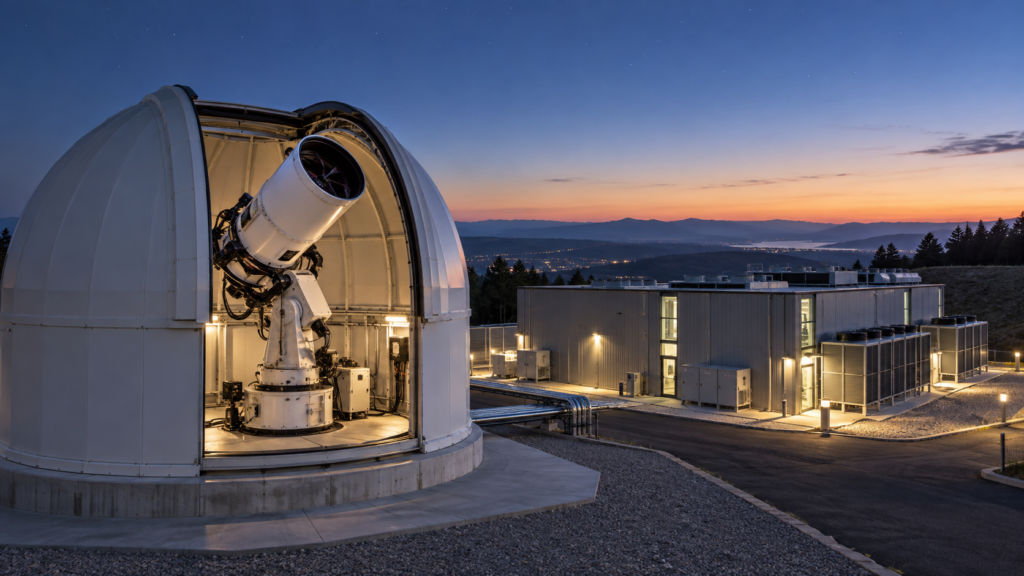 A generic optical ground station beside a data centre illustrates NTT and Cailabs’ proposed space-to-cloud connectivity architecture. Representative image.