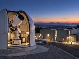 A generic optical ground station beside a data centre illustrates NTT and Cailabs’ proposed space-to-cloud connectivity architecture. Representative image.