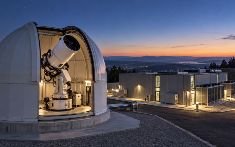 A generic optical ground station beside a data centre illustrates NTT and Cailabs’ proposed space-to-cloud connectivity architecture. Representative image.