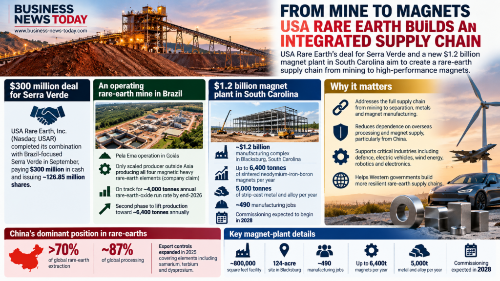 Editorial infographic showing USA Rare Earth’s mine-to-magnet strategy, including the $300 million Serra Verde transaction, a planned $1.2 billion South Carolina magnet plant, up to 6,400 tonnes of annual magnet capacity and commissioning expected from 2028.