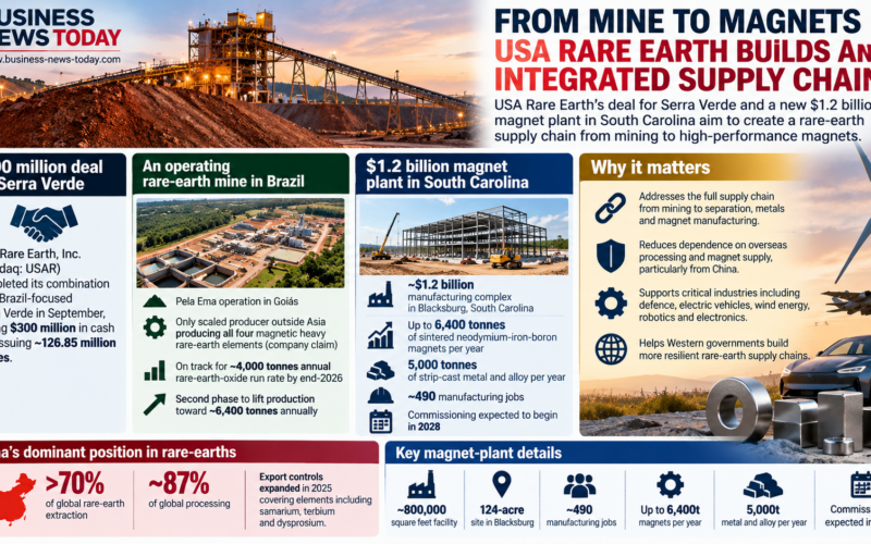Editorial infographic showing USA Rare Earth’s mine-to-magnet strategy, including the $300 million Serra Verde transaction, a planned $1.2 billion South Carolina magnet plant, up to 6,400 tonnes of annual magnet capacity and commissioning expected from 2028.