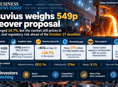 Vesuvius takeover infographic showing RHI Magnesita’s proposal worth about 549p per share, Vesuvius trading near 467p after a 24.7% surge, the remaining deal-value gap and the October 27 deadline.