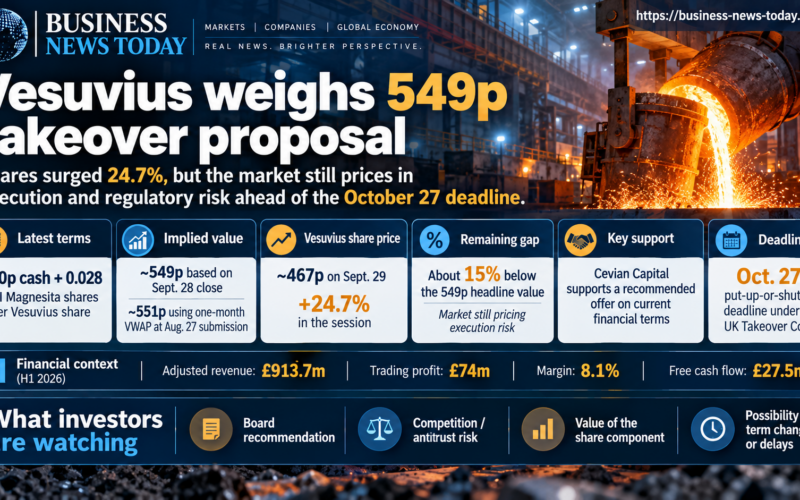 Vesuvius takeover infographic showing RHI Magnesita’s proposal worth about 549p per share, Vesuvius trading near 467p after a 24.7% surge, the remaining deal-value gap and the October 27 deadline.