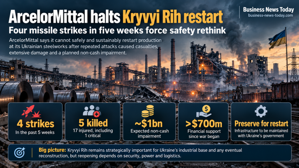 Editorial infographic showing damage at ArcelorMittal Kryvyi Rih in Ukraine, highlighting four strikes in five weeks, five deaths, 17 injuries, an expected $1 billion impairment and more than $700 million in company support.