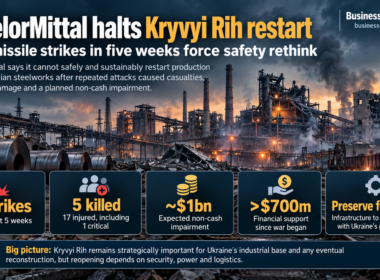 Editorial infographic showing damage at ArcelorMittal Kryvyi Rih in Ukraine, highlighting four strikes in five weeks, five deaths, 17 injuries, an expected $1 billion impairment and more than $700 million in company support.