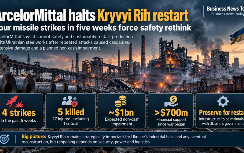 Editorial infographic showing damage at ArcelorMittal Kryvyi Rih in Ukraine, highlighting four strikes in five weeks, five deaths, 17 injuries, an expected $1 billion impairment and more than $700 million in company support.