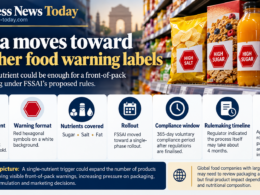 Editorial infographic explaining India’s proposed front-of-pack food warning rules, including a single-nutrient trigger, red hexagonal warnings for sugar, salt and fat, a 365-day compliance window and the roughly $100 billion packaged-food market.