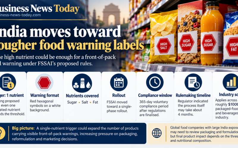 Editorial infographic explaining India’s proposed front-of-pack food warning rules, including a single-nutrient trigger, red hexagonal warnings for sugar, salt and fat, a 365-day compliance window and the roughly $100 billion packaged-food market.