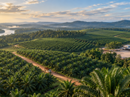 Aerial view of a sustainably managed oil palm plantation in tropical Southeast Asia illustrates the long-term plantation expansion opportunity underpinning M. P. Evans Group PLC's latest land acquisition strategy in East Kalimantan, Indonesia. Representative image.