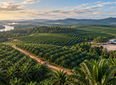 Aerial view of a sustainably managed oil palm plantation in tropical Southeast Asia illustrates the long-term plantation expansion opportunity underpinning M. P. Evans Group PLC's latest land acquisition strategy in East Kalimantan, Indonesia. Representative image.