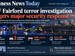 Editorial infographic showing the major security response near RAF Fairford after five men were arrested in connection with suspected terrorism and explosives offences, highlighting three suspicious vehicles, a 400-metre cordon, around 85 evacuated homes and the continuing investigation.