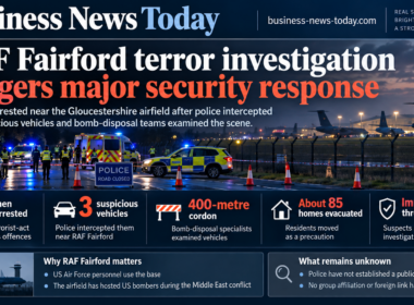 Editorial infographic showing the major security response near RAF Fairford after five men were arrested in connection with suspected terrorism and explosives offences, highlighting three suspicious vehicles, a 400-metre cordon, around 85 evacuated homes and the continuing investigation.