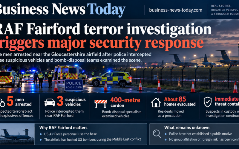 Editorial infographic showing the major security response near RAF Fairford after five men were arrested in connection with suspected terrorism and explosives offences, highlighting three suspicious vehicles, a 400-metre cordon, around 85 evacuated homes and the continuing investigation.