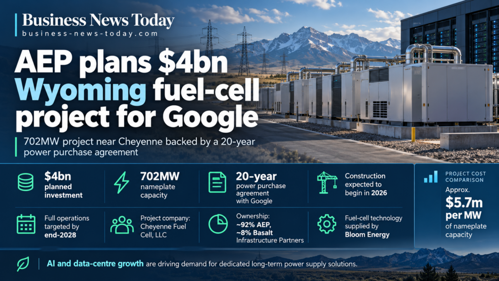 Editorial infographic showing American Electric Power’s planned $4 billion, 702MW fuel-cell power project near Cheyenne, Wyoming, featuring Google’s 20-year electricity agreement, Bloom Energy technology and a 2028 completion target.