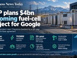 Editorial infographic showing American Electric Power’s planned $4 billion, 702MW fuel-cell power project near Cheyenne, Wyoming, featuring Google’s 20-year electricity agreement, Bloom Energy technology and a 2028 completion target.