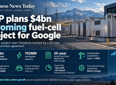 Editorial infographic showing American Electric Power’s planned $4 billion, 702MW fuel-cell power project near Cheyenne, Wyoming, featuring Google’s 20-year electricity agreement, Bloom Energy technology and a 2028 completion target.