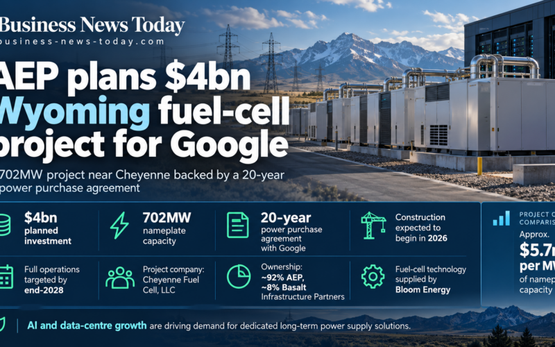 Editorial infographic showing American Electric Power’s planned $4 billion, 702MW fuel-cell power project near Cheyenne, Wyoming, featuring Google’s 20-year electricity agreement, Bloom Energy technology and a 2028 completion target.