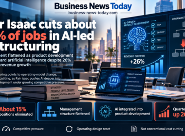 Editorial infographic highlighting Fair Isaac Corporation’s restructuring, featuring a 15% workforce reduction, flatter management structure, artificial intelligence integration into product development and 26% quarterly revenue growth, alongside financial dashboards and corporate technology visuals.