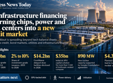 Editorial infographic showing AI data centers, nuclear power infrastructure and credit-market financing, highlighting $330 billion in AI-linked bond issuance and major infrastructure funding figures.