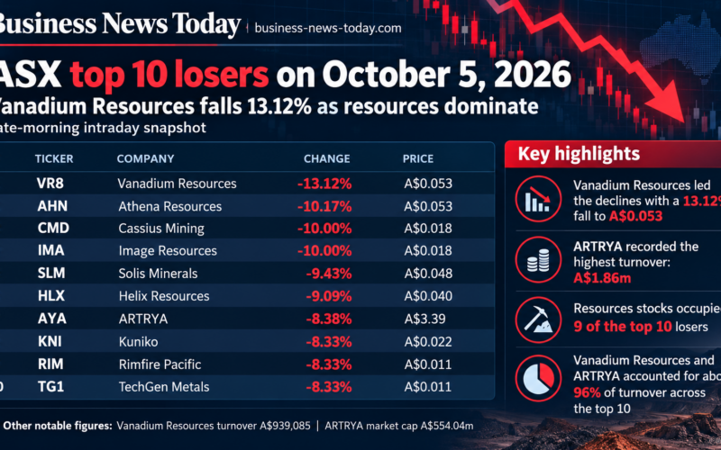 Infographic showing the ASX top 10 losers on October 5, 2026, led by Vanadium Resources Limited with a 13.12% intraday fall to A$0.053. The graphic also highlights ARTRYA Limited’s A$1.86 million turnover, the dominance of resources stocks and the concentration of trading activity in Vanadium Resources and ARTRYA.