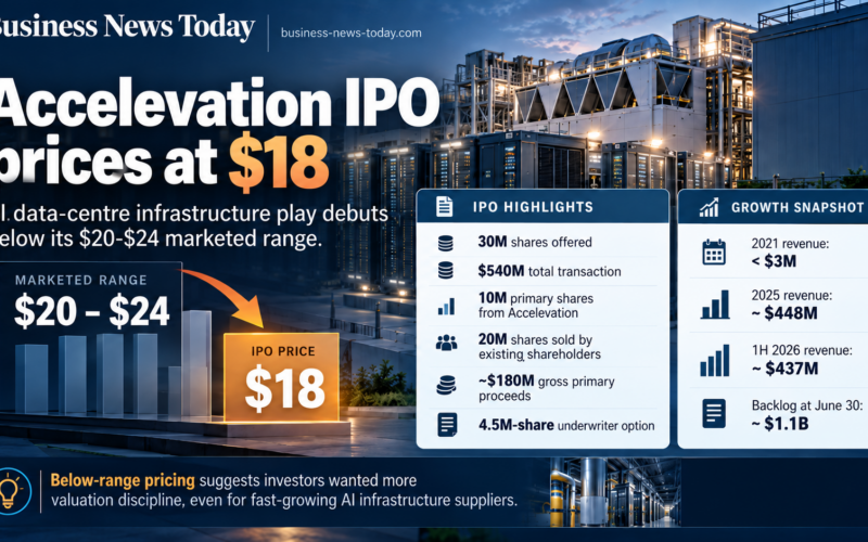 Business News Today infographic showing Accelevation Holdings Corp.’s $18 IPO price, below the $20–$24 marketed range, alongside the $540 million offering and key revenue and backlog figures.