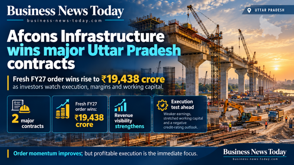 Infographic showing Afcons Infrastructure Limited’s two major construction contract wins in Uttar Pradesh, highlighting ₹19,438 crore in fresh FY27 orders, improved revenue visibility and challenges involving weaker earnings, stretched working capital and a negative credit-rating outlook.