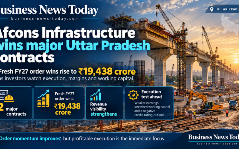 Infographic showing Afcons Infrastructure Limited’s two major construction contract wins in Uttar Pradesh, highlighting ₹19,438 crore in fresh FY27 orders, improved revenue visibility and challenges involving weaker earnings, stretched working capital and a negative credit-rating outlook.